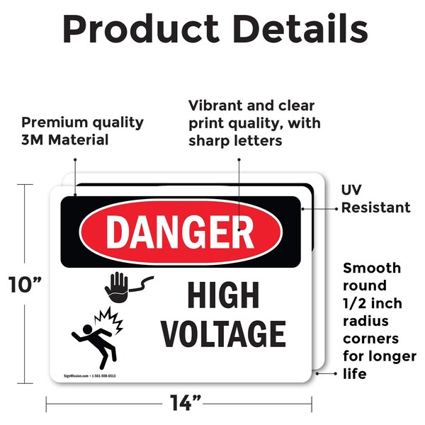 High Voltage Danger Sign, Vinyl Decal, 14in W X 10in L, 2PK